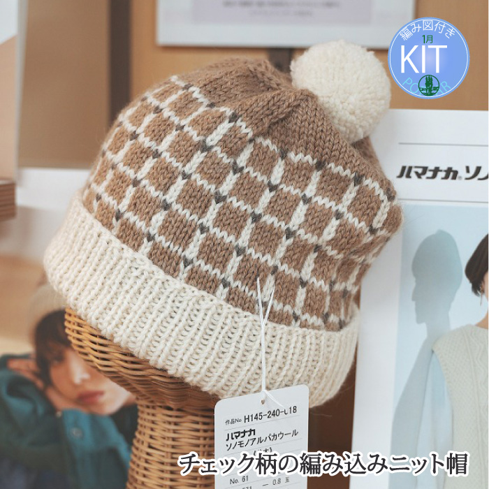 チェック柄の編み込みニット帽｜編み物キット | 毛糸のプロショップ